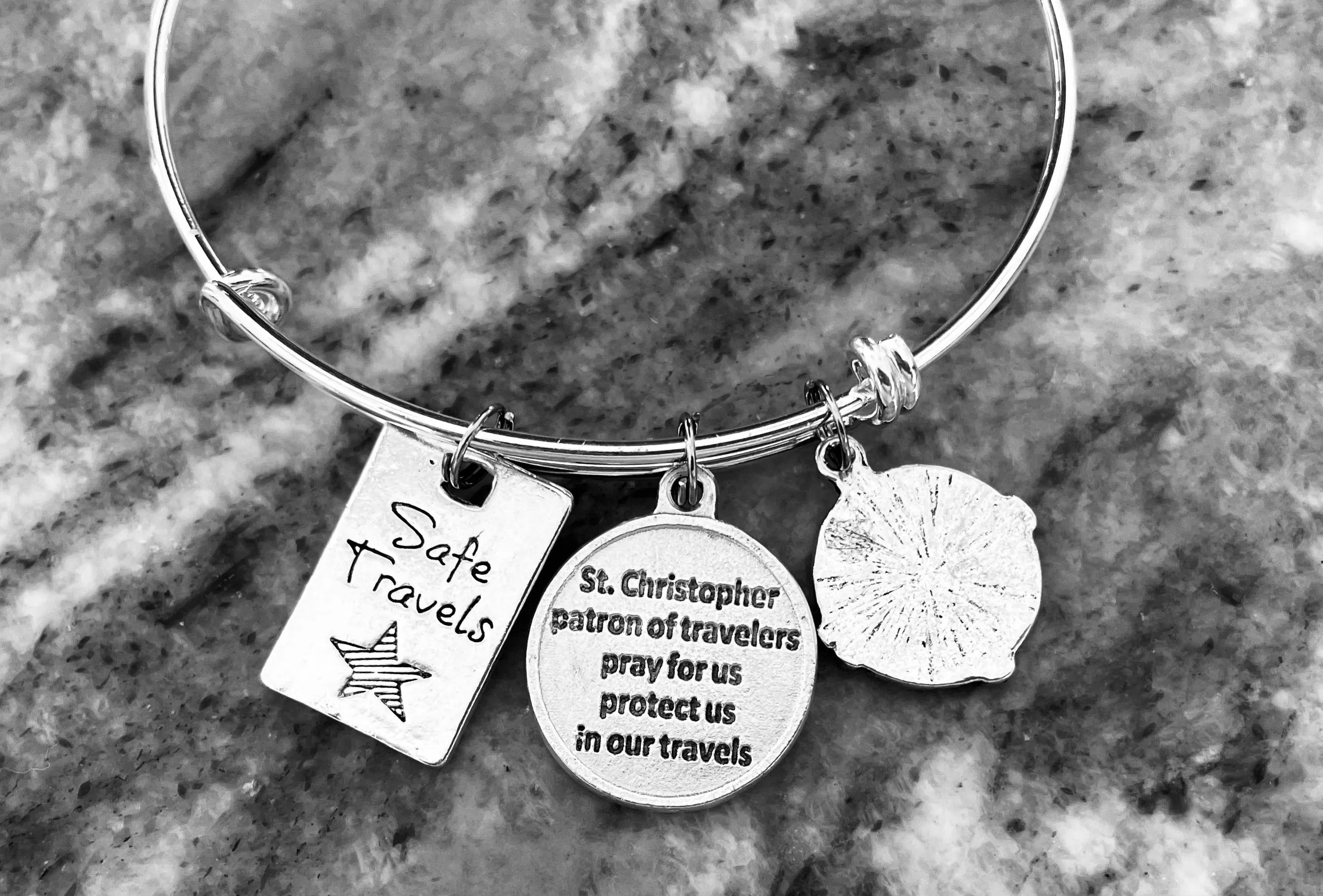 Saint Christopher Expandable Charm Bracelet Silver Adjustable Wire Bangle Patron of Travel
