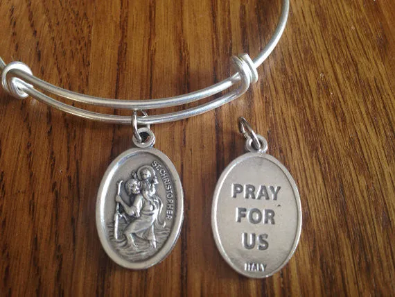 Saint Christopher Patron Saint of Travel Silver Expandable Charm Bracelet Adjustable Bangle Double Sided
