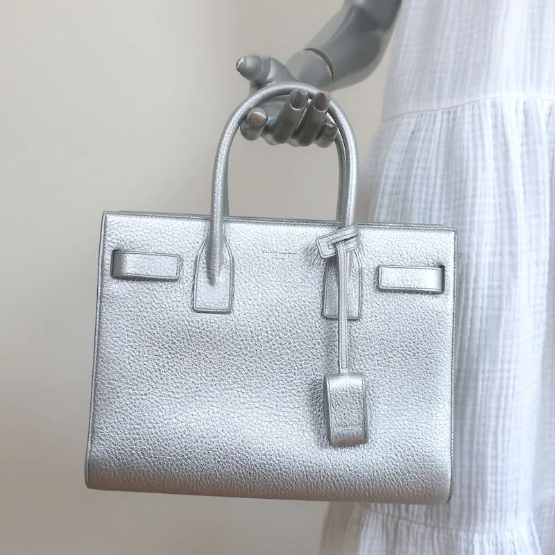 Saint Laurent Baby Sac De Jour Tote Silver Metallic Grained Leather Crossbody