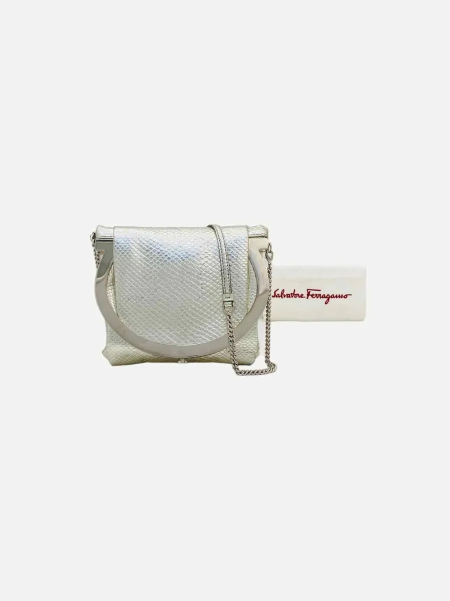 SALVATORE FERRAGAMO Framy Metallic Silver Clutch