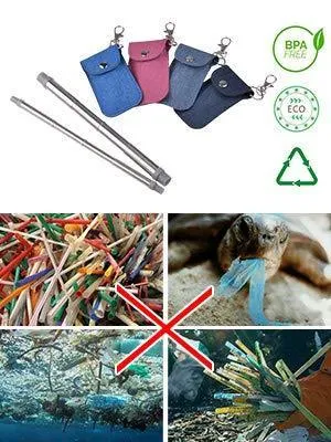 SAVORLIVING Reusable Stainless Steel Straws Portable 8.3inch Drinking Straws Collaspible Straws with Keychain Pouch and Cleaning Brush (Blue, Large)