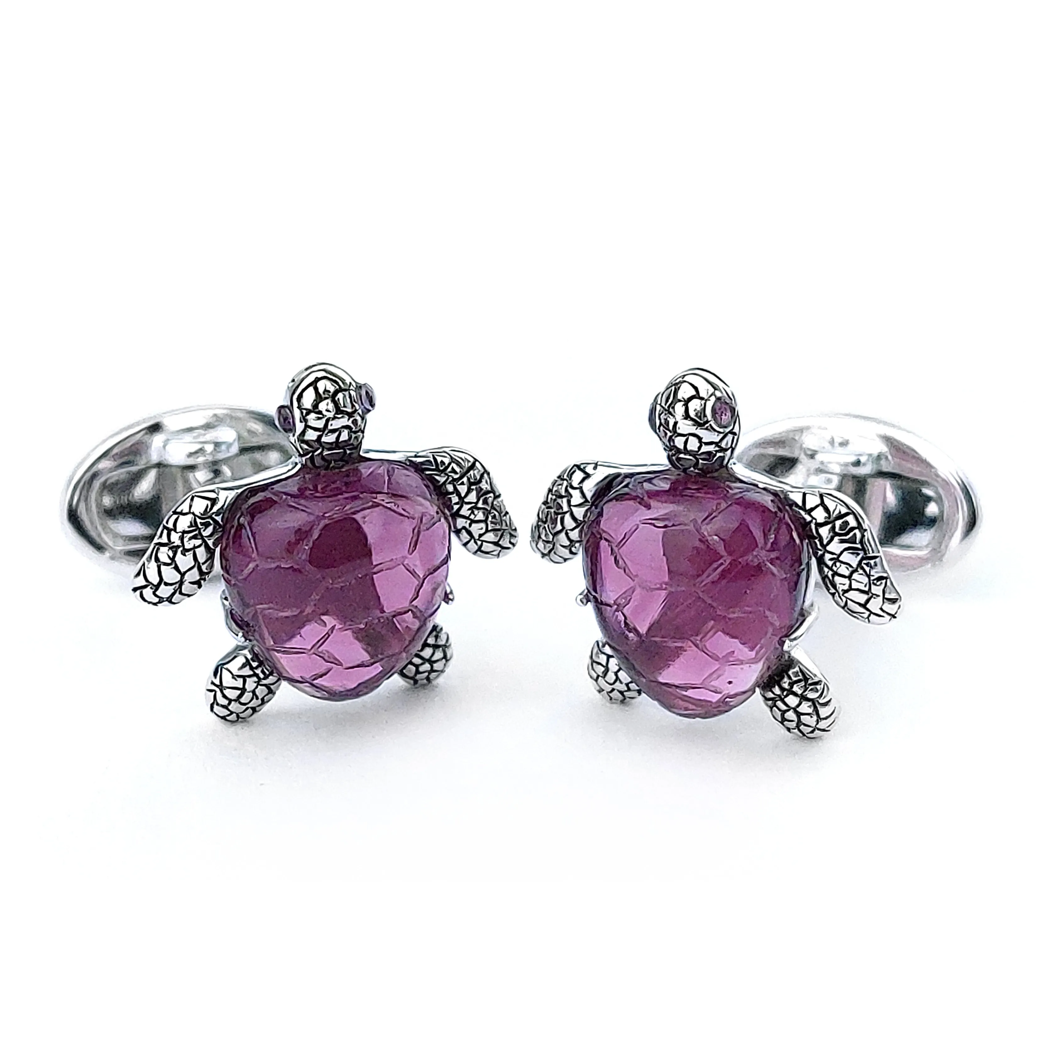 Sea Turtle Hand Carved Purple Quartz Sterling Cufflinks