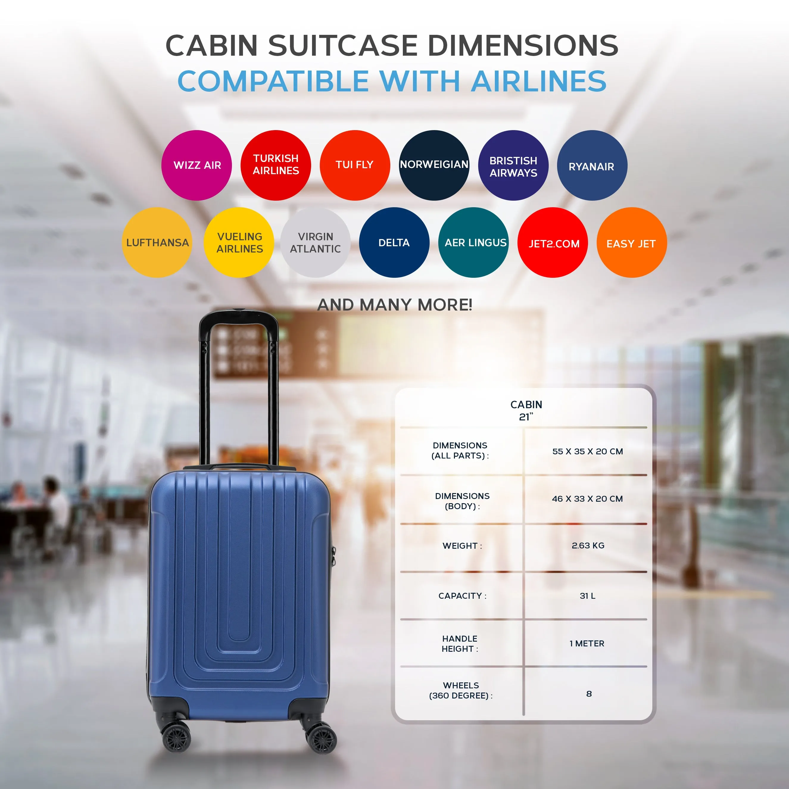Set of 2 Lightweight Carry On Suitcase TSA USB Port 8 Wheels easyJet Approved