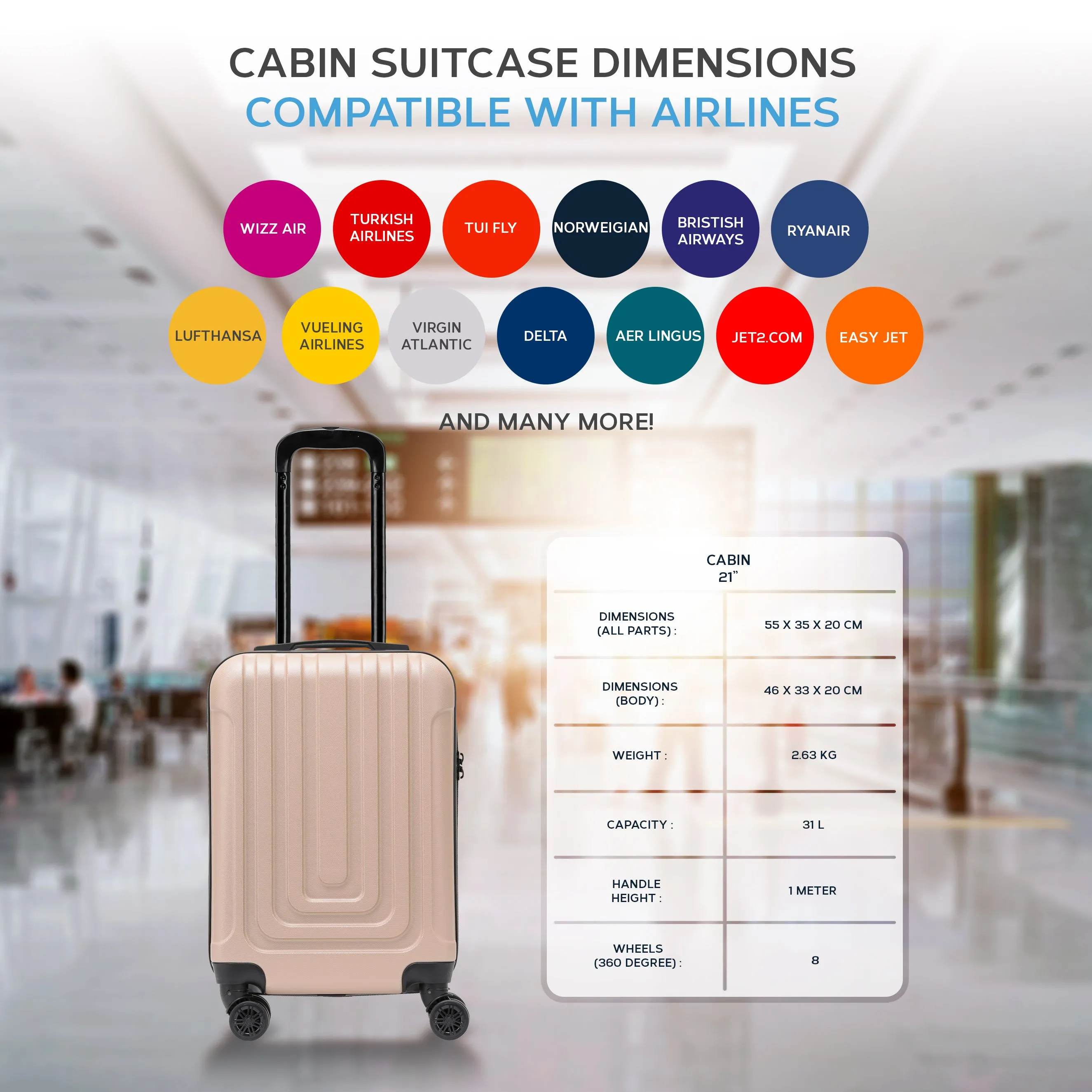 Set of 2 Lightweight Carry On Suitcase TSA USB Port 8 Wheels easyJet Approved