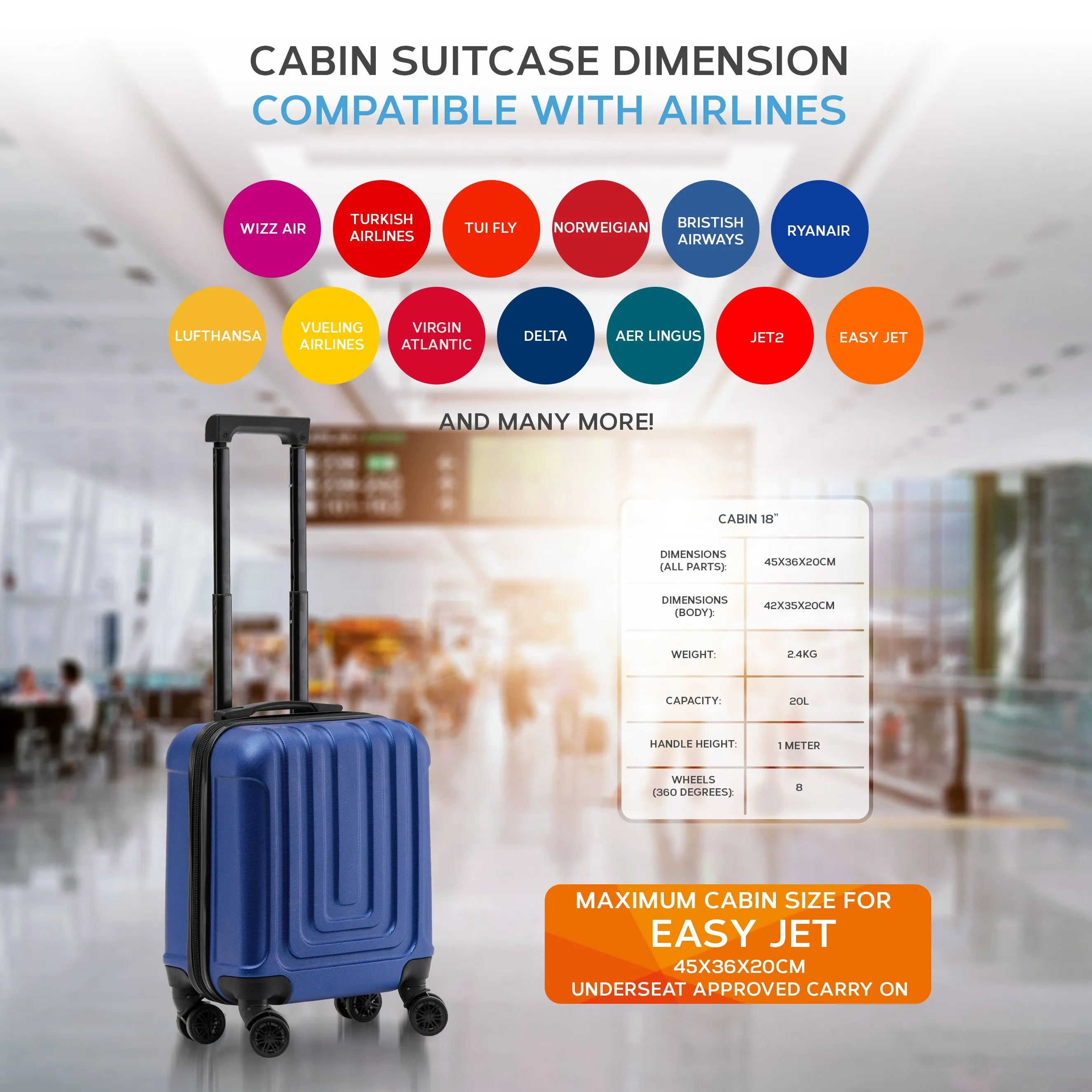 Set of 2 Lightweight Carry On Suitcase TSA USB Port 8 Wheels easyJet Approved