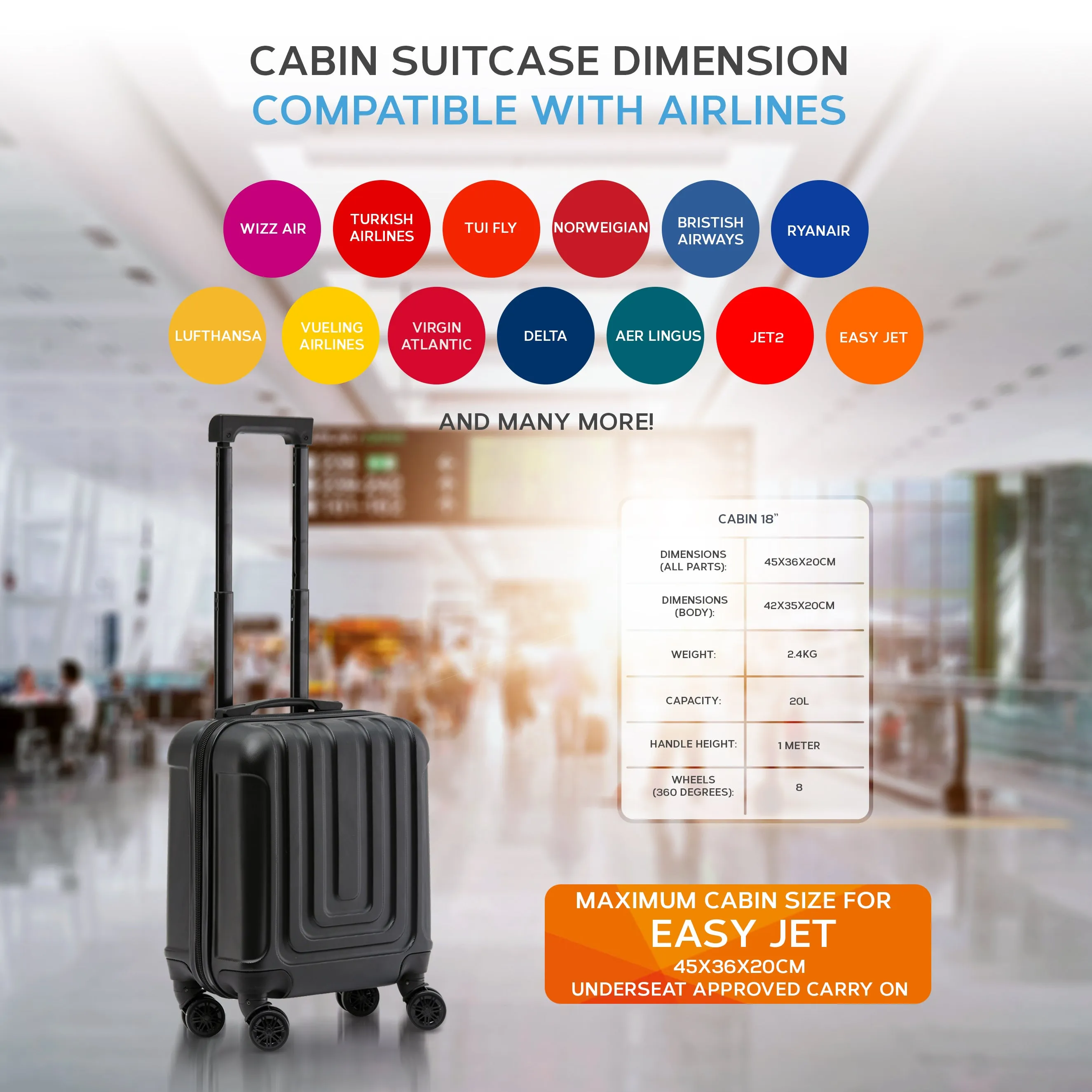 Set of 2 Lightweight Carry On Suitcase TSA USB Port 8 Wheels easyJet Approved