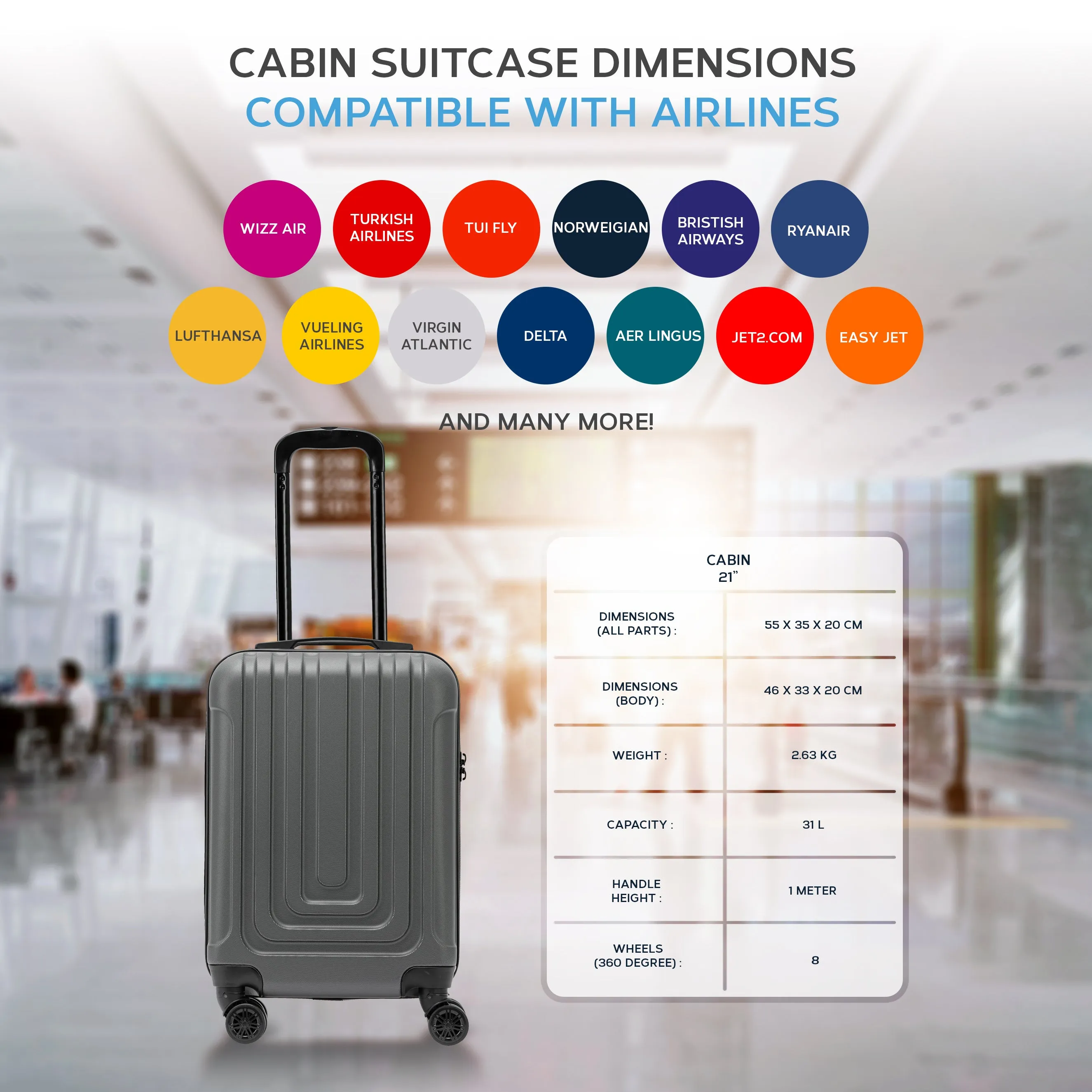 Set of 2 Lightweight Carry On Suitcase TSA USB Port 8 Wheels easyJet Approved