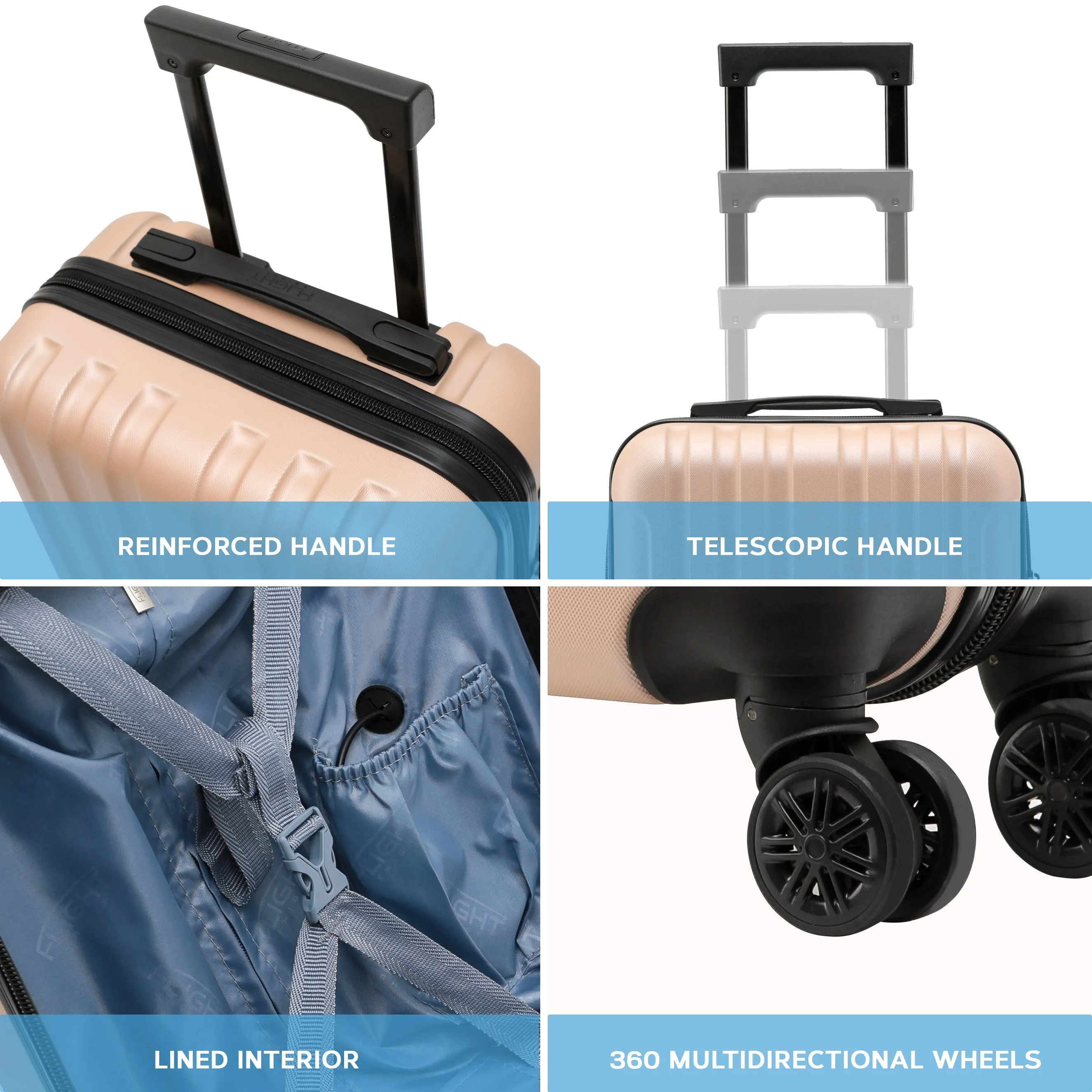 Set of 2 Lightweight Carry On Suitcase TSA USB Port 8 Wheels easyJet Approved