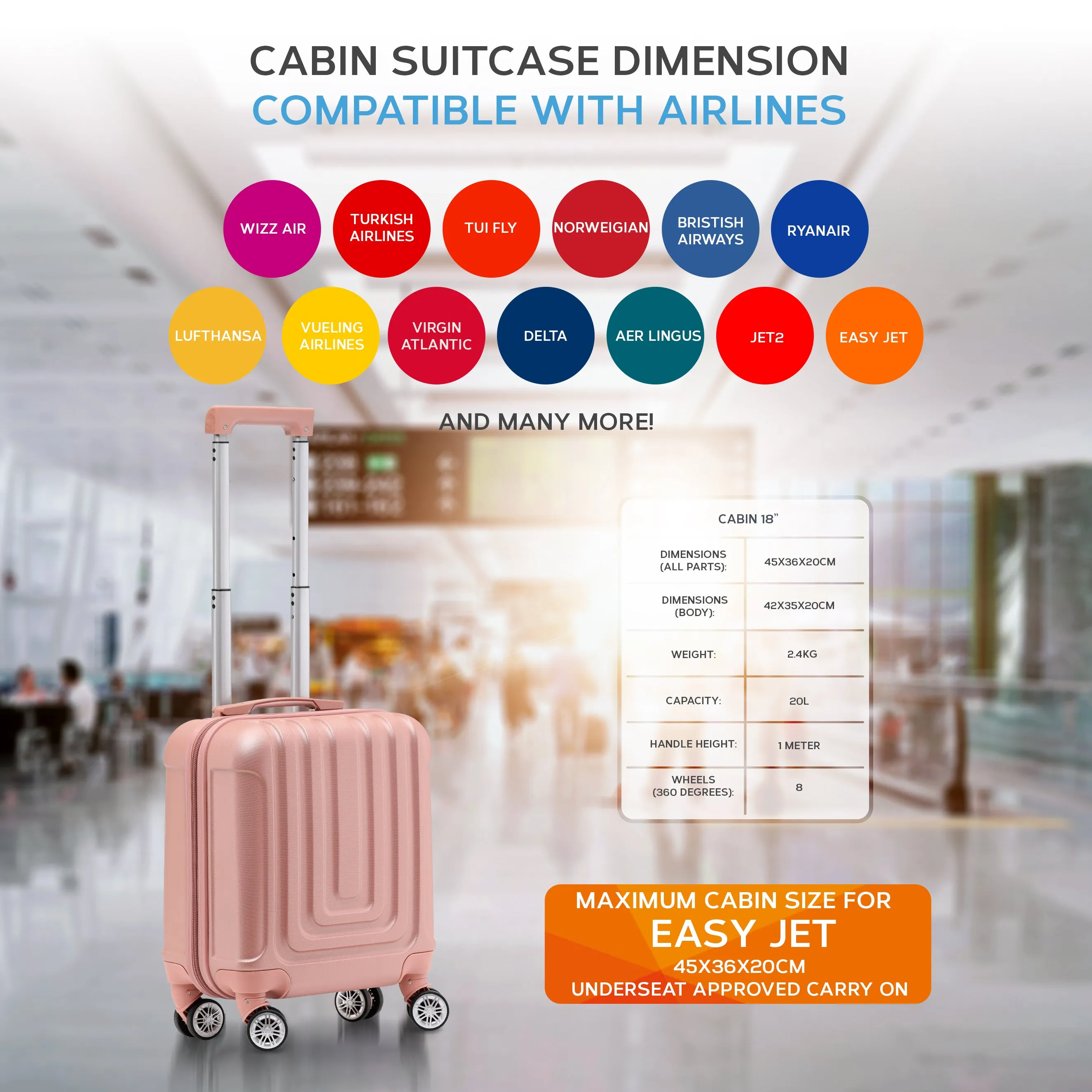 Set of 2 Lightweight Carry On Suitcase TSA USB Port 8 Wheels easyJet Approved