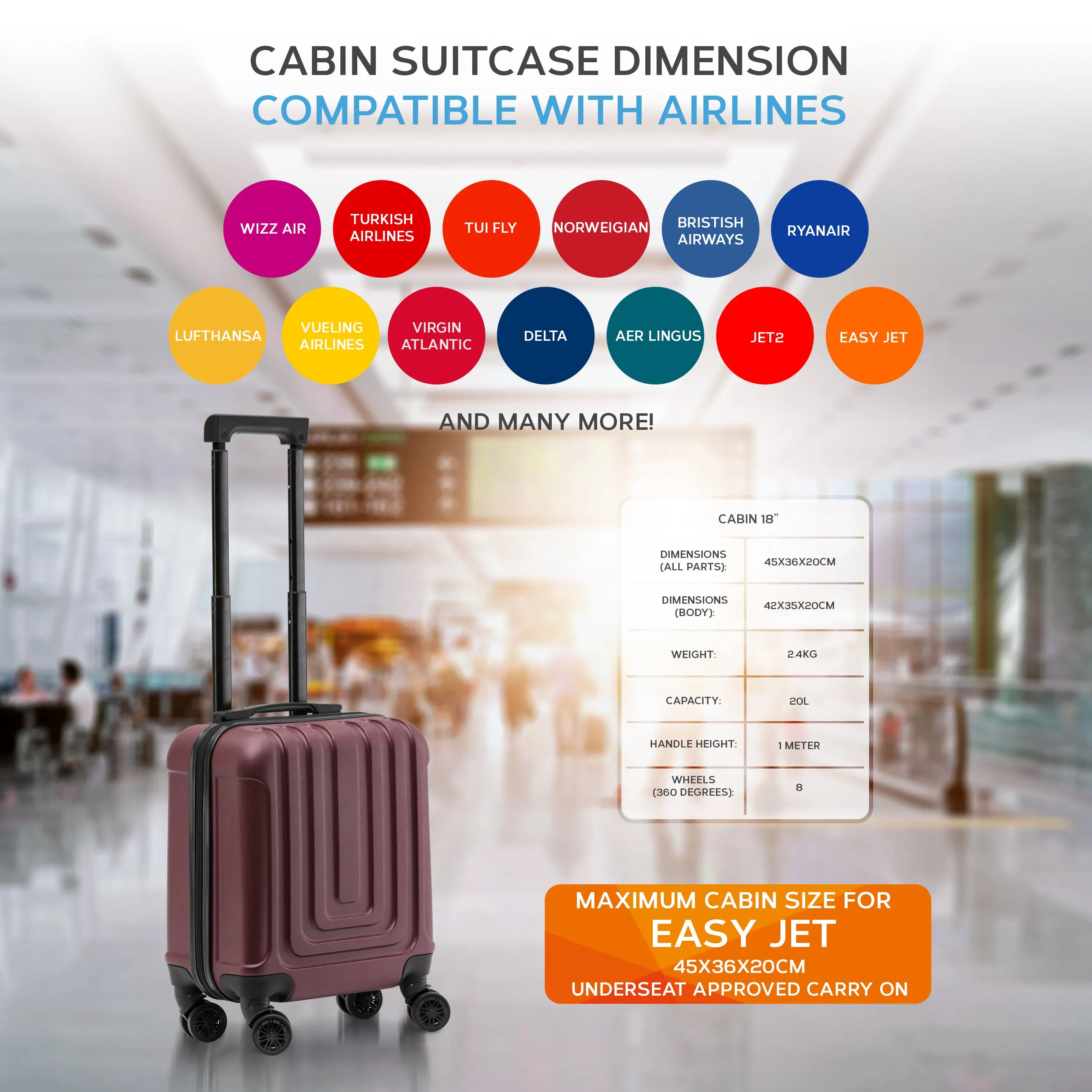 Set of 2 Lightweight Carry On Suitcase TSA USB Port 8 Wheels easyJet Approved