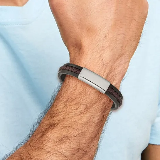 Stainless Steel Black and Brown Braided Leather 8.25 " ID Bracelet