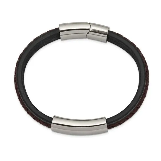 Stainless Steel Black and Brown Braided Leather 8.25 " ID Bracelet