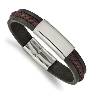Stainless Steel Black and Brown Braided Leather 8.25 " ID Bracelet