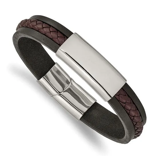 Stainless Steel Black and Brown Braided Leather 8.25 " ID Bracelet