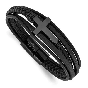 Stainless Steel Black IP-plated Cross Leather Multi Strand 8.75 inch Bracelet