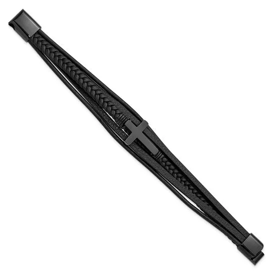 Stainless Steel Black IP-plated Cross Leather Multi Strand 8.75 inch Bracelet