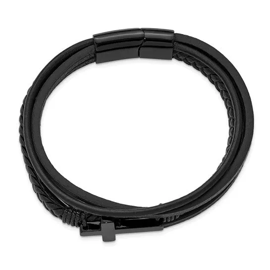Stainless Steel Black IP-plated Cross Leather Multi Strand 8.75 inch Bracelet