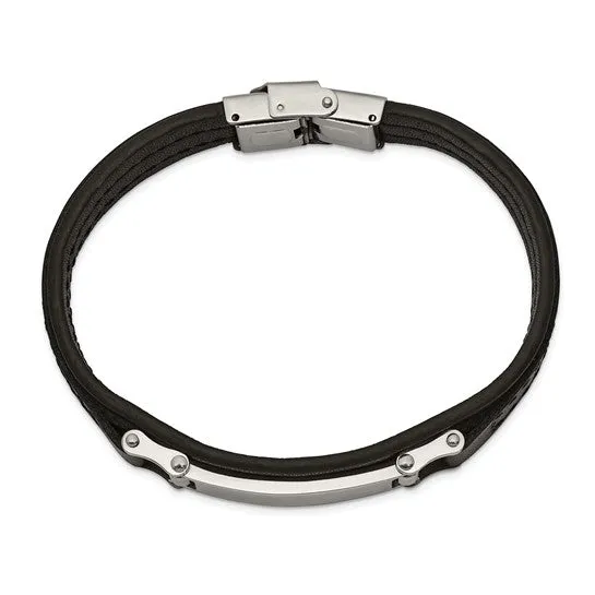Stainless Steel Black Leather 8.25 inch ID Bracelet