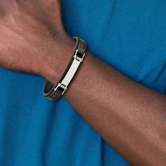 Stainless Steel Black Leather 8.25 inch ID Bracelet