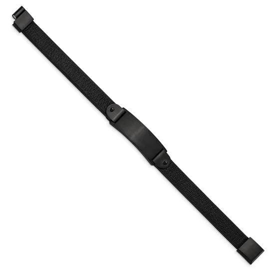 Stainless Steel Brushed Black IP-plated Black Leather 8.5 inch ID Bracelet