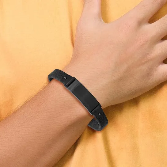 Stainless Steel Brushed Black IP-plated Black Leather 8.5 inch ID Bracelet