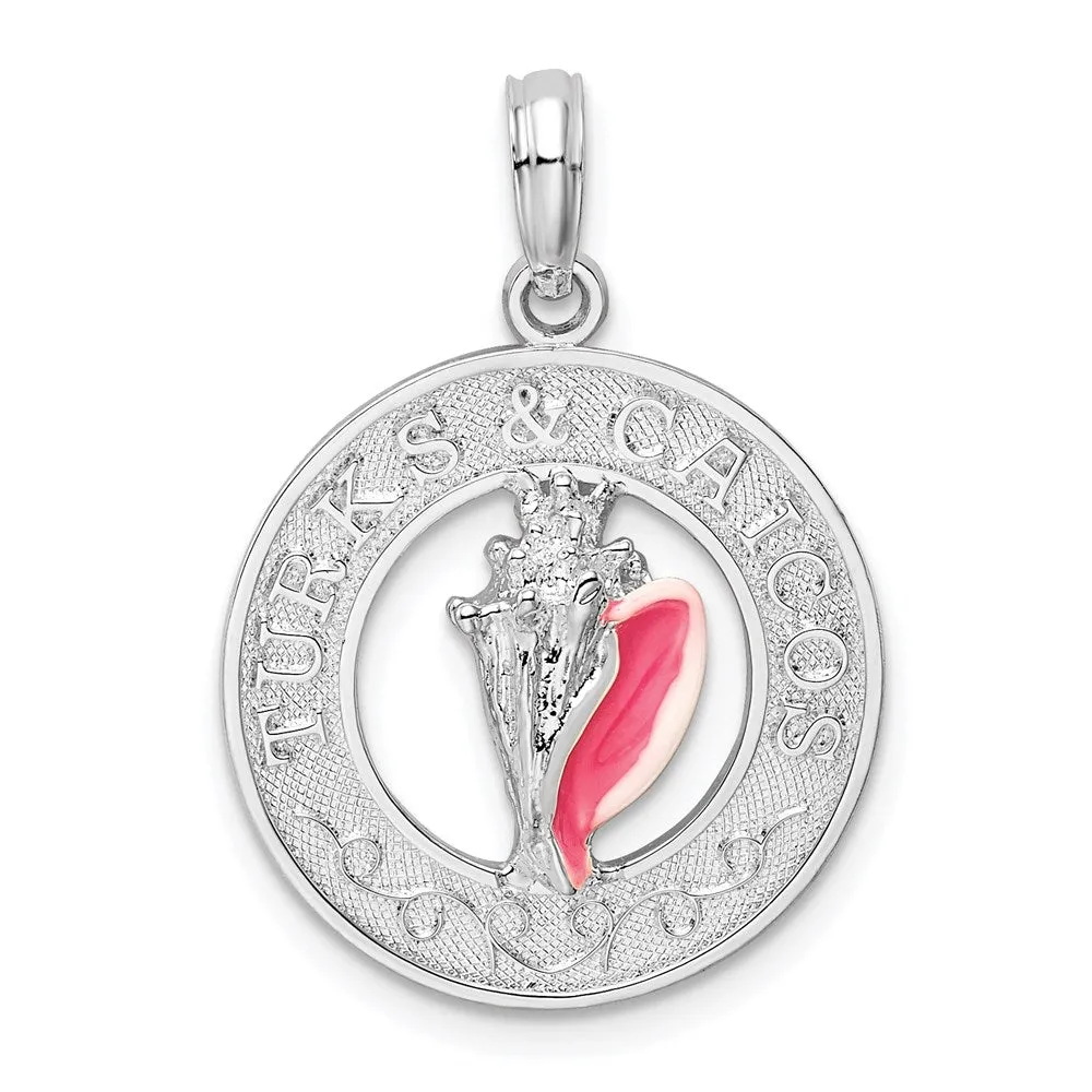 Sterling Silver Polished Enameled Turks Caicos w/Shell Pendant