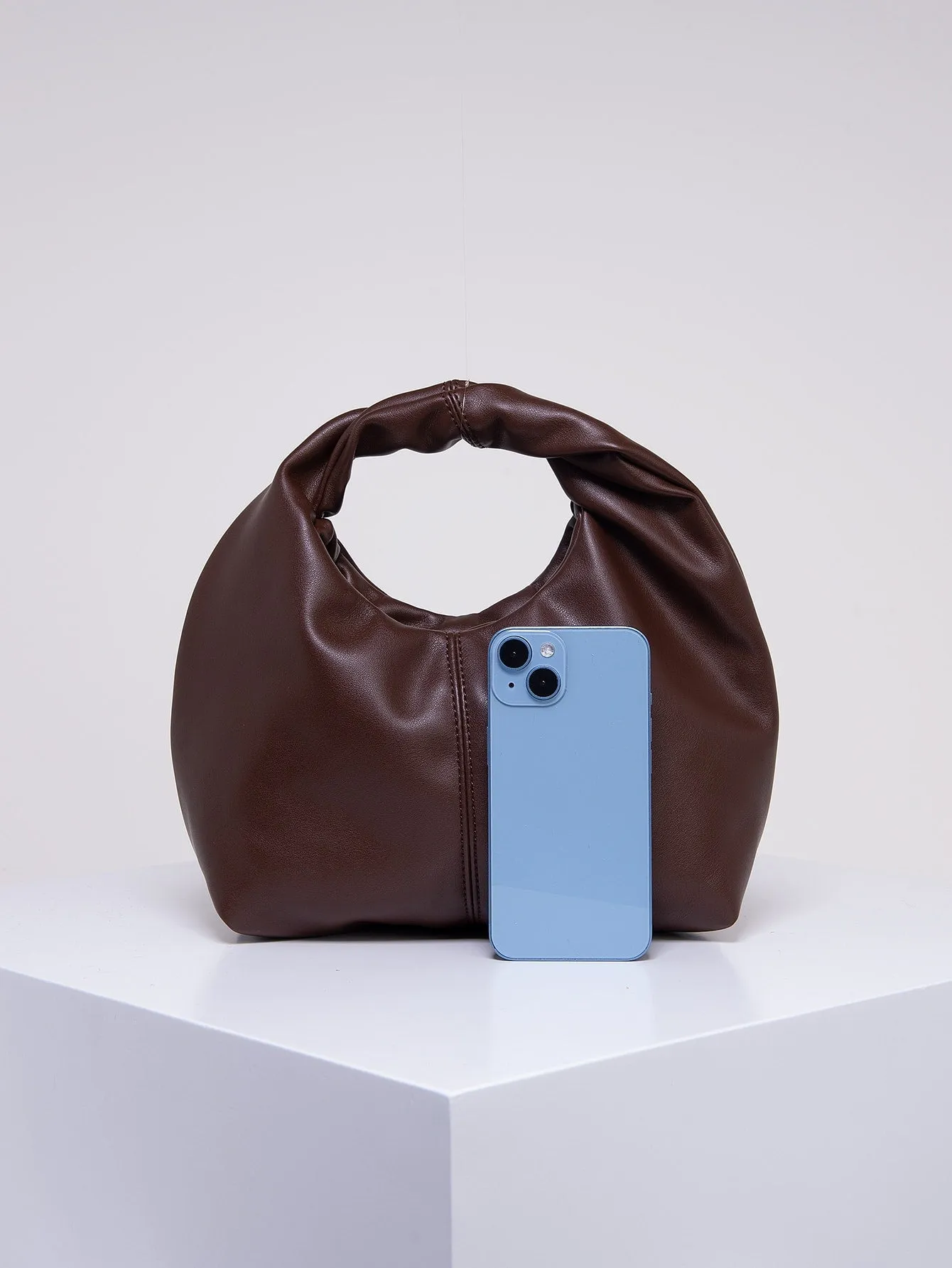 Stitch Detail Top Handle Hobo Bag - Coffee Brown- FD ⚡