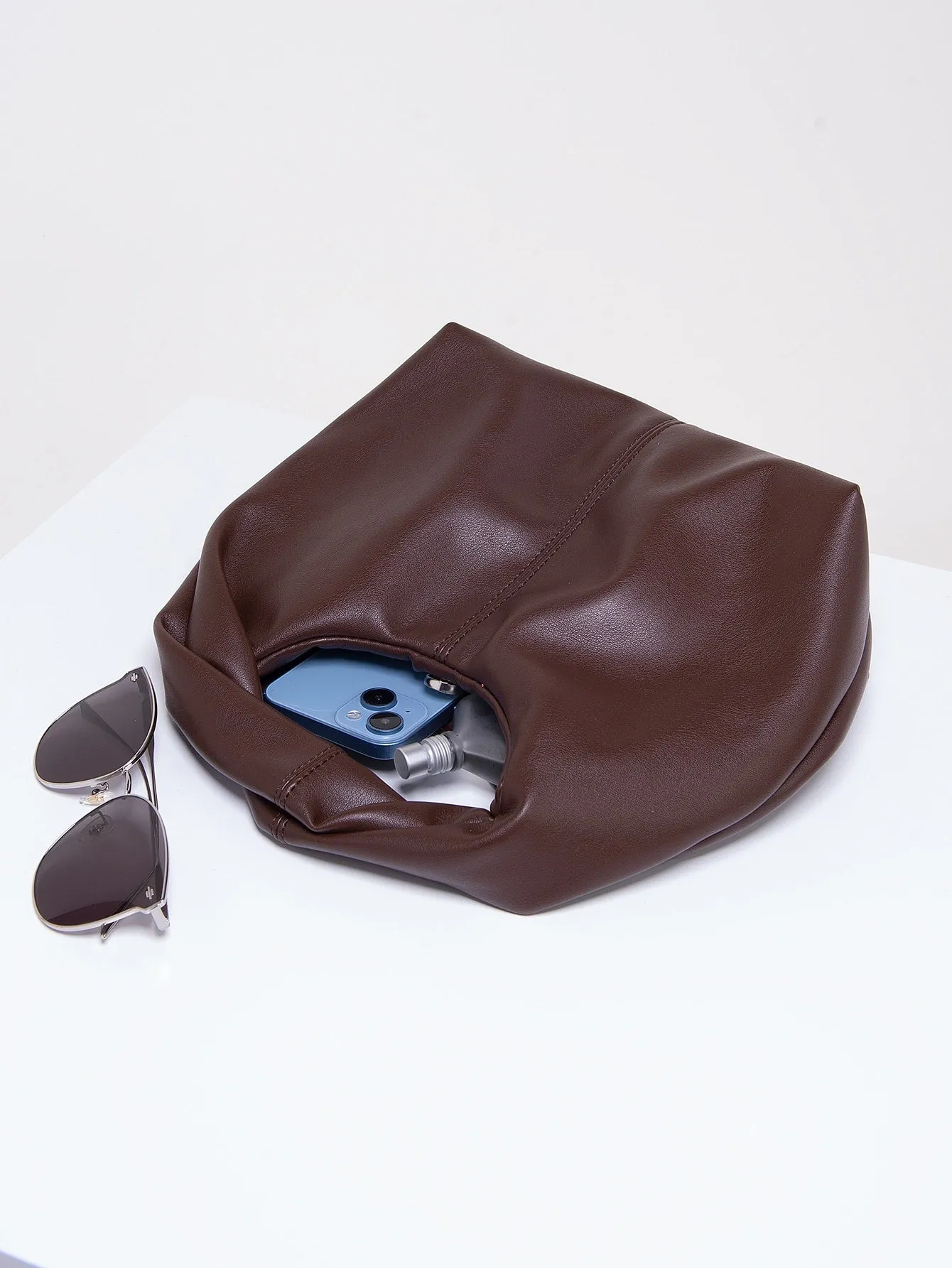 Stitch Detail Top Handle Hobo Bag - Coffee Brown- FD ⚡