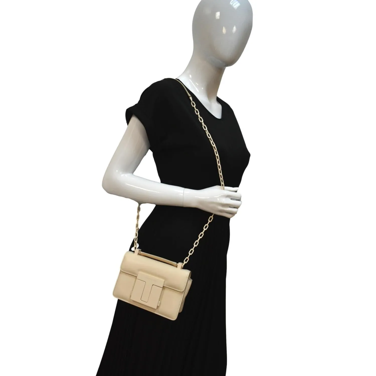 TOM FORD T Clasp Small Leather Shoulder Bag Beige