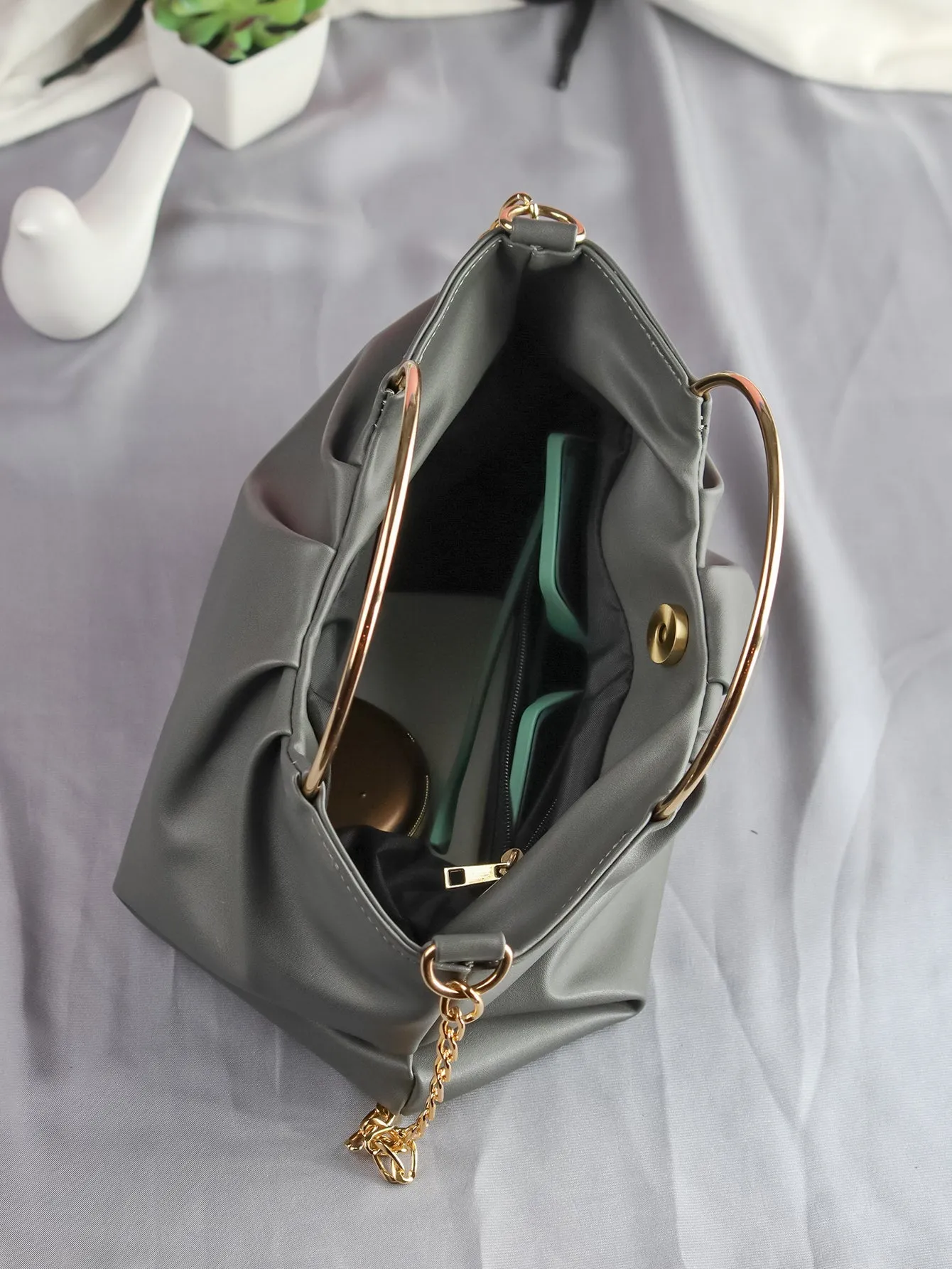 Top Handle Ruched Satchel Bag With Chain  - Dark Grey - FD ⚡