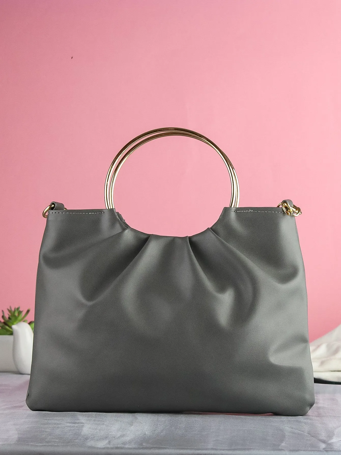 Top Handle Ruched Satchel Bag With Chain  - Dark Grey - FD ⚡