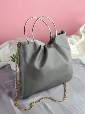 Top Handle Ruched Satchel Bag With Chain  - Dark Grey - FD ⚡