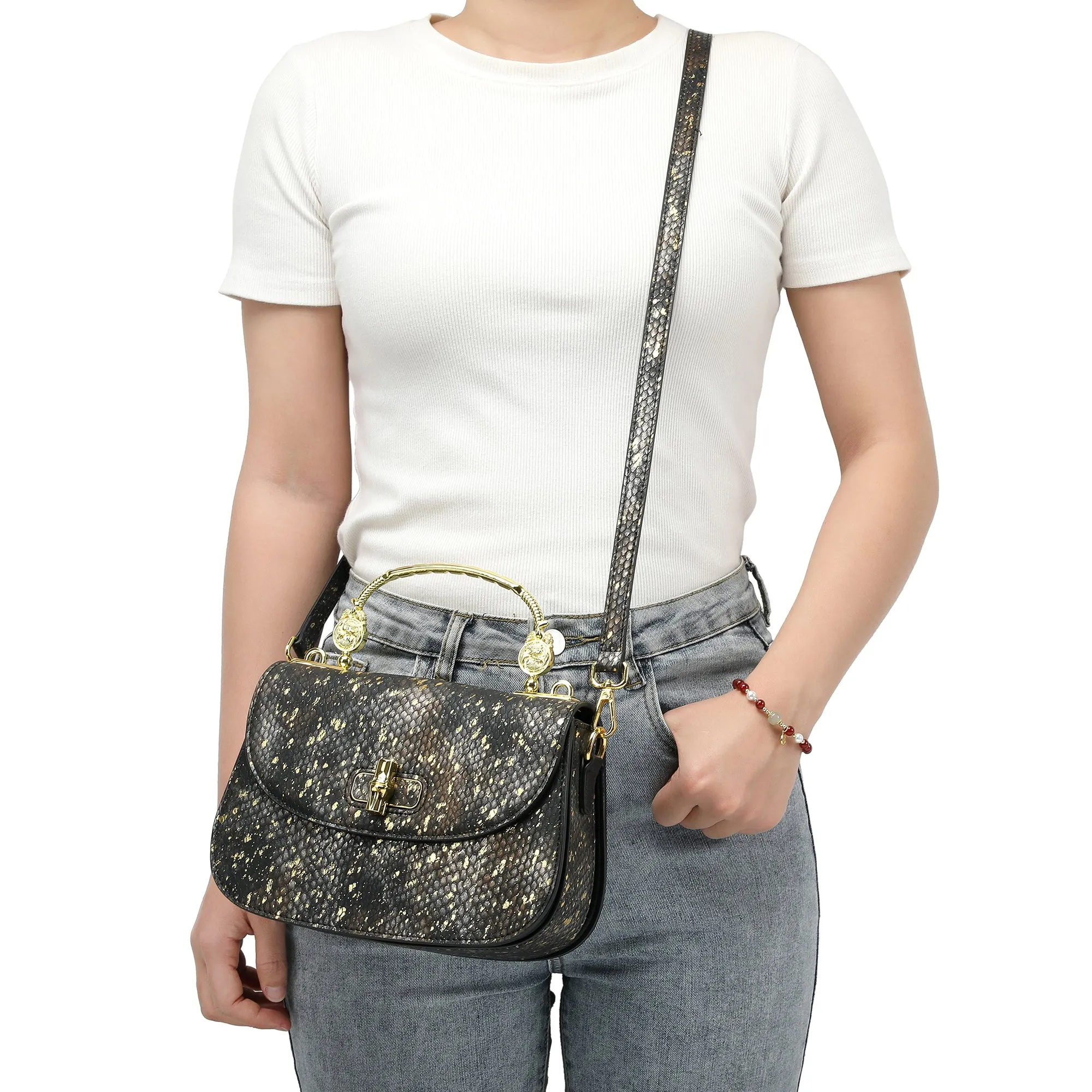 Top-Handle Snakeskin print Leather Satchel/Shoulder Bag