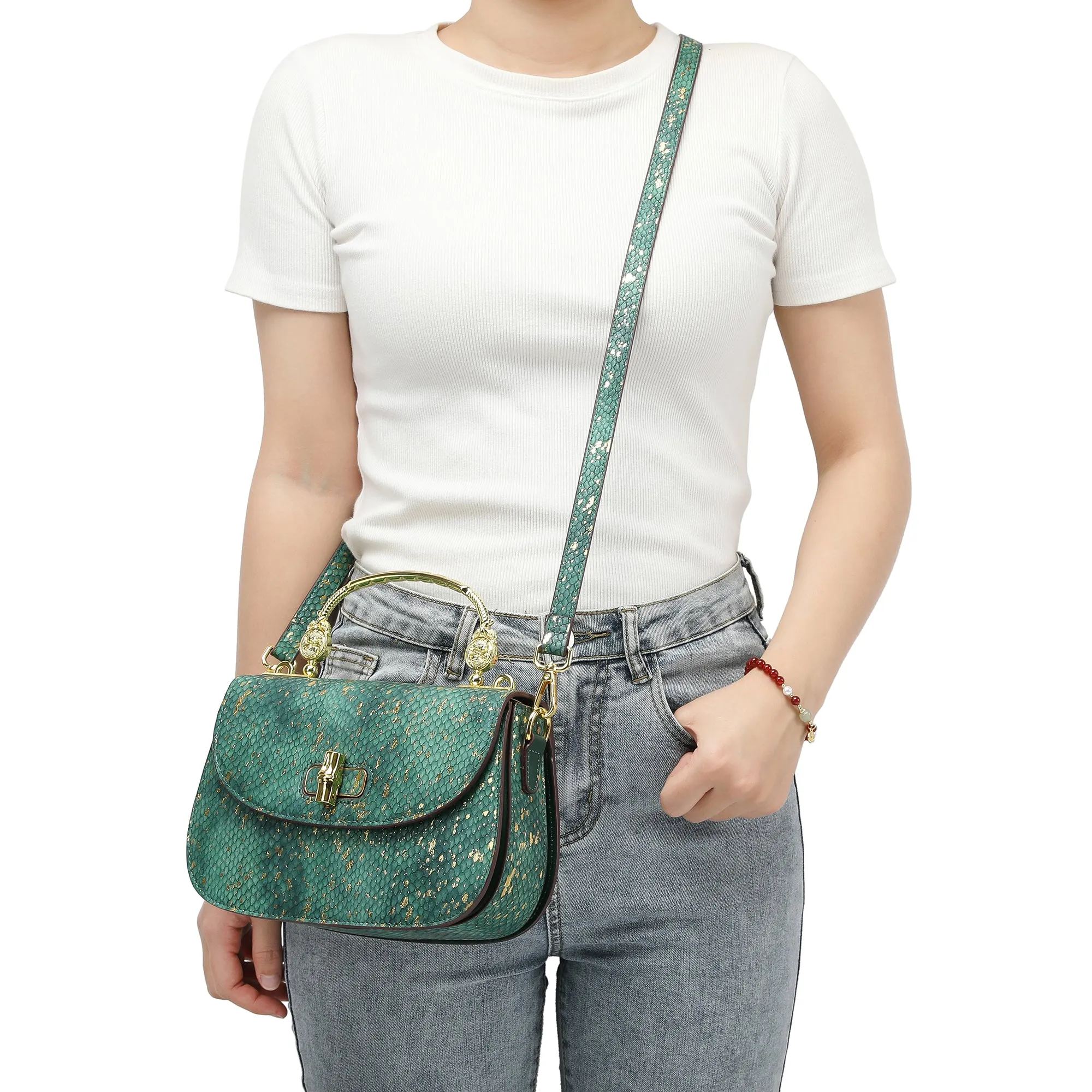 Top-Handle Snakeskin print Leather Satchel/Shoulder Bag