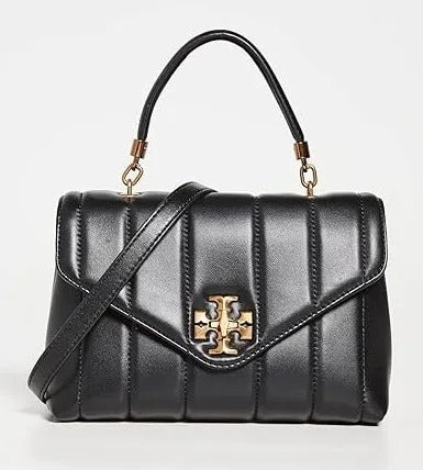 Tory Burch Kira Small Black Leather Single Top Handle Quilted Satchel Bag New