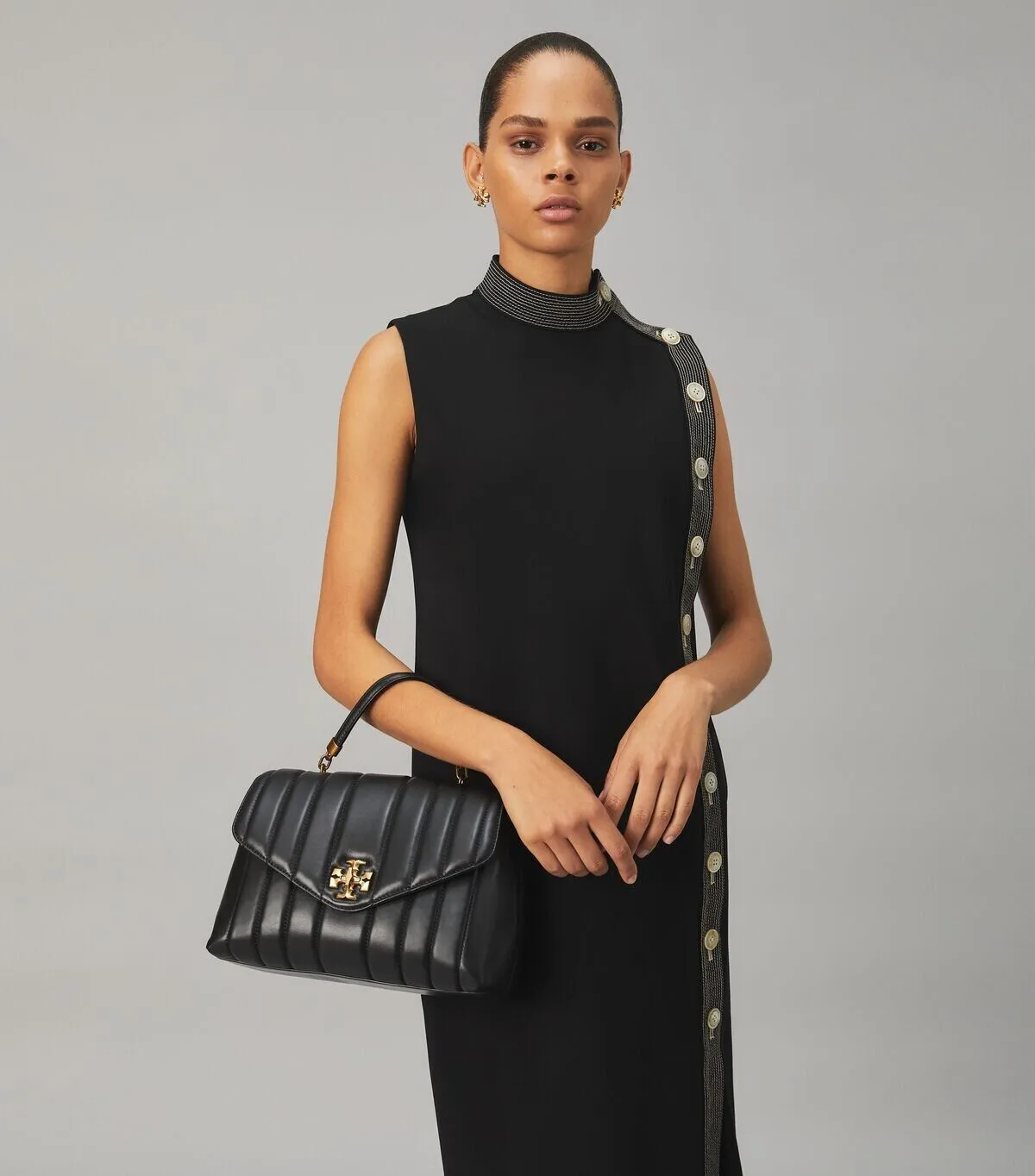Tory Burch Kira Small Black Leather Single Top Handle Quilted Satchel Bag New