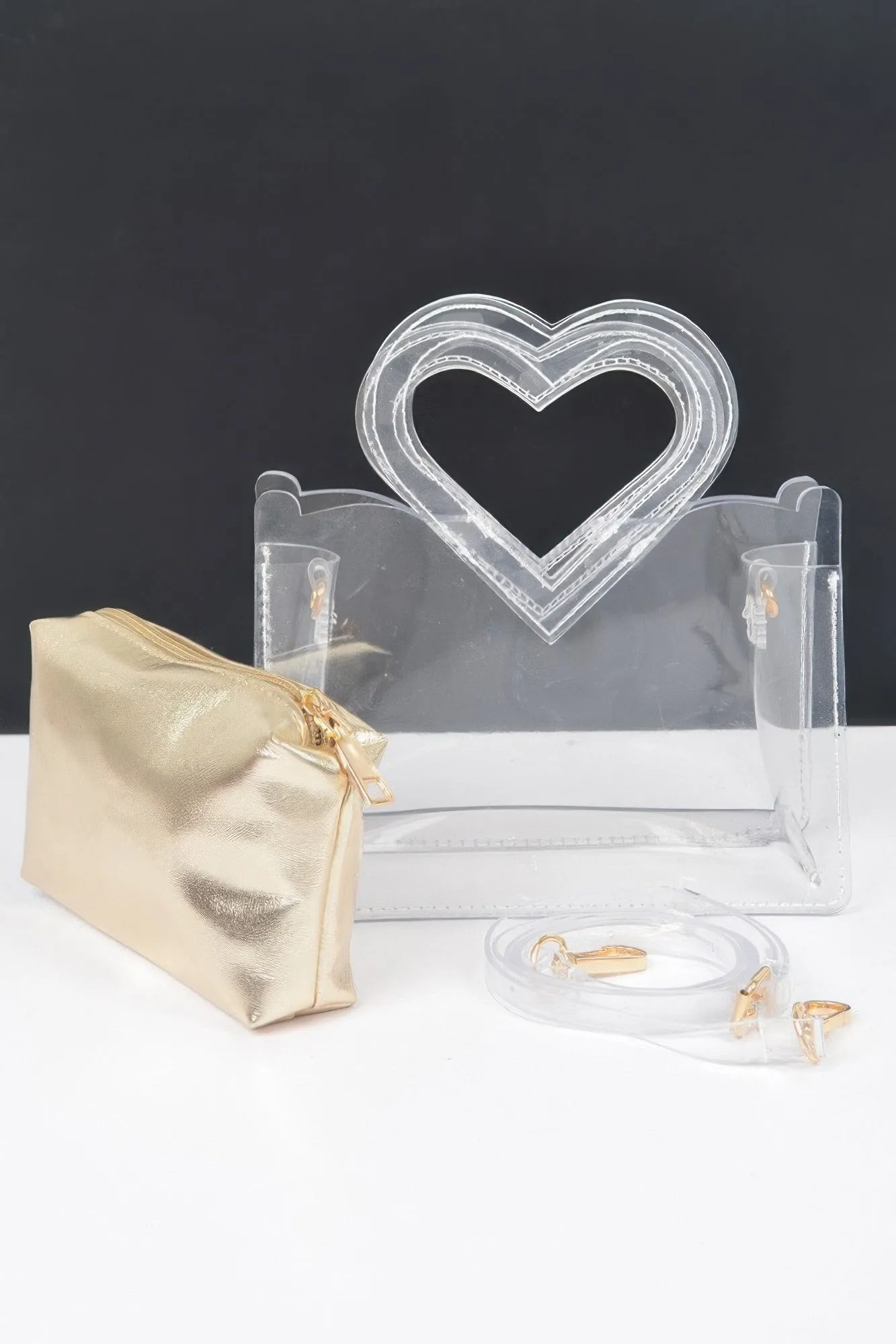 Transparent Heart Shape Handle Clutch W/pouch