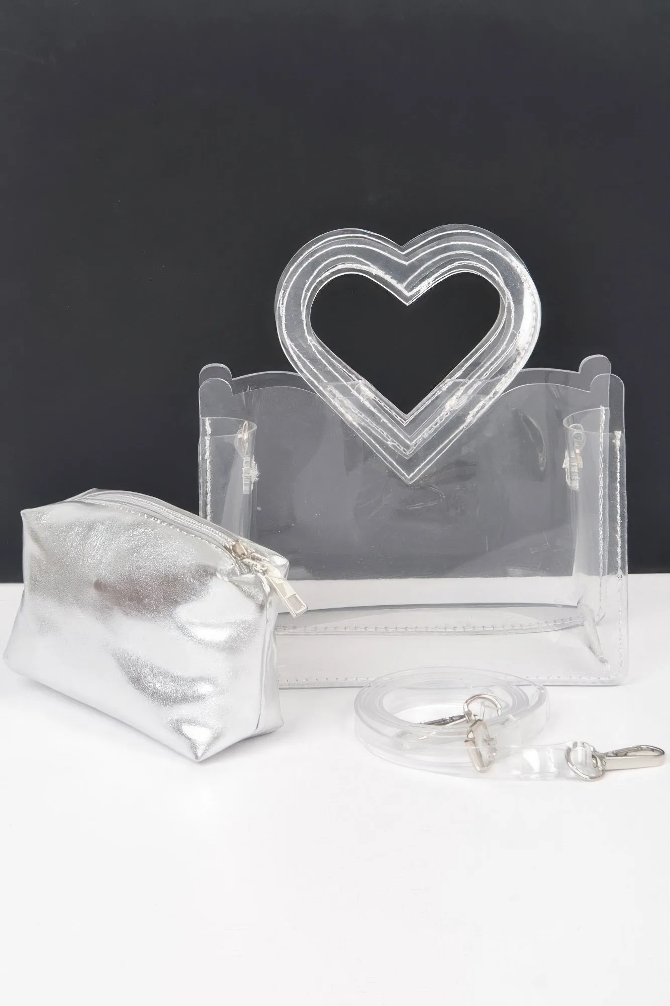 Transparent Heart Shape Handle Clutch W/pouch