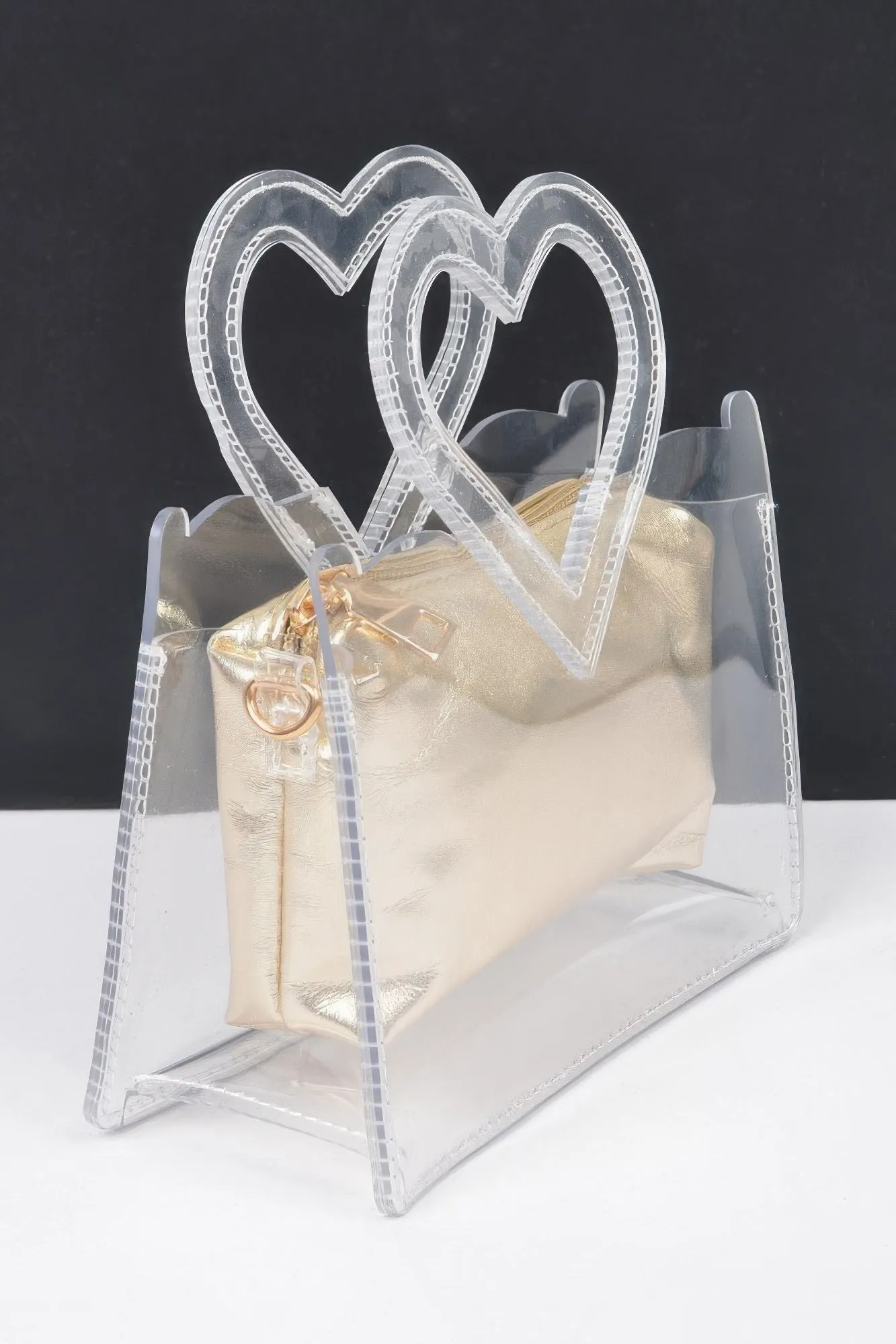 Transparent Heart Shape Handle Clutch W/pouch