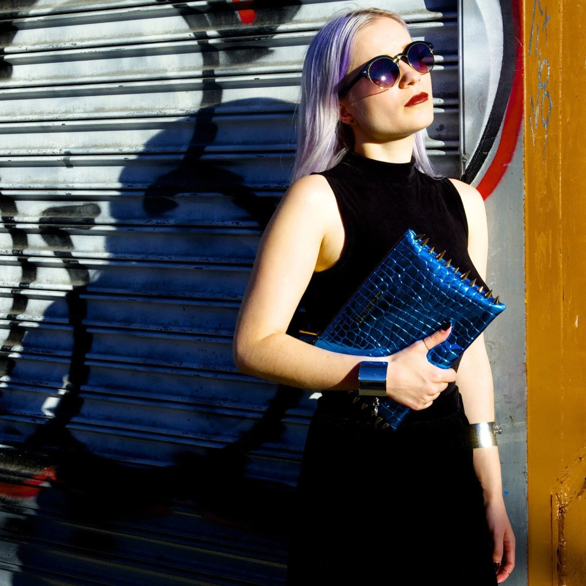 TURQ CROCO LAME CLUTCH BAG