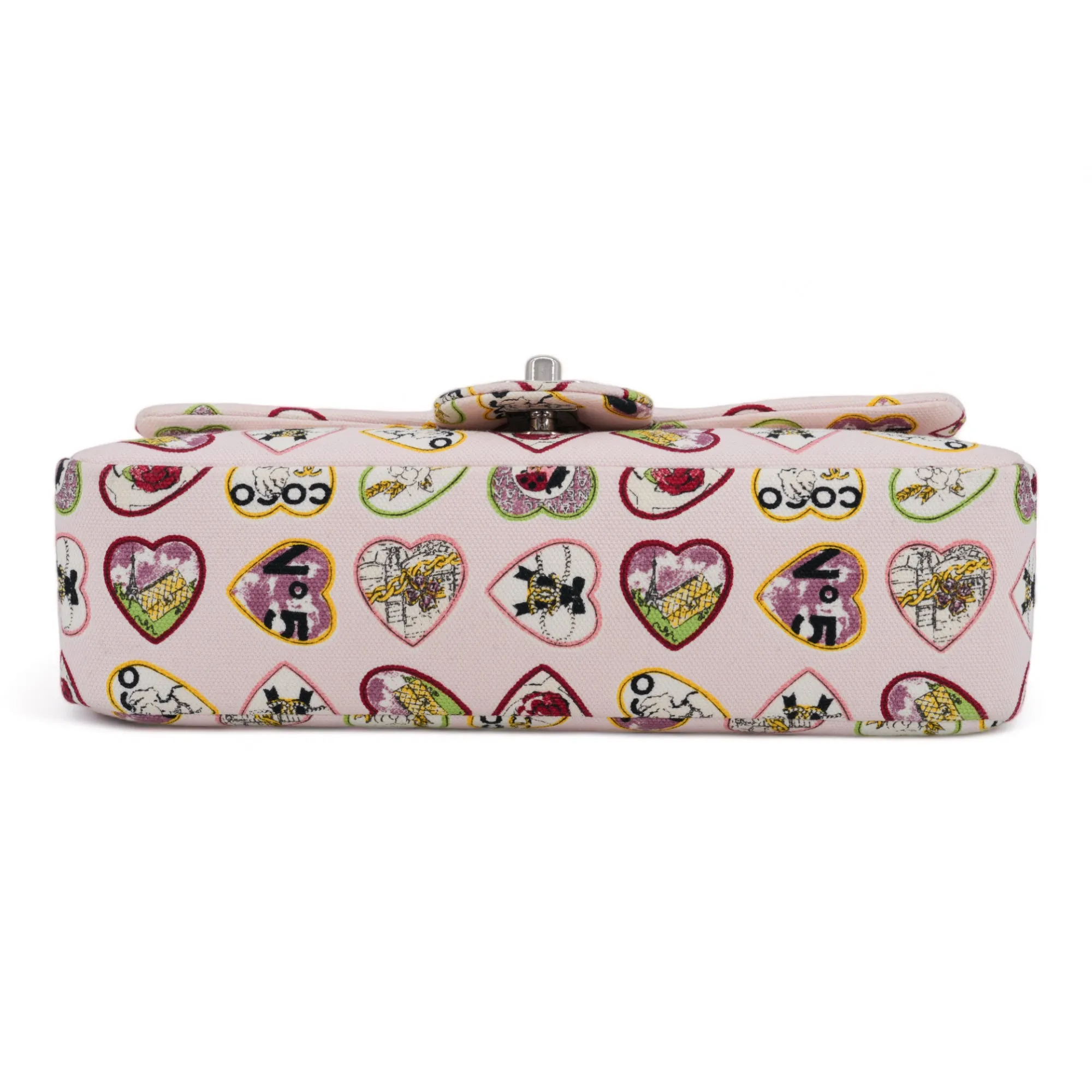 Valentine Coco Heart Motif Printed Pink Canvas East West Flap Bag