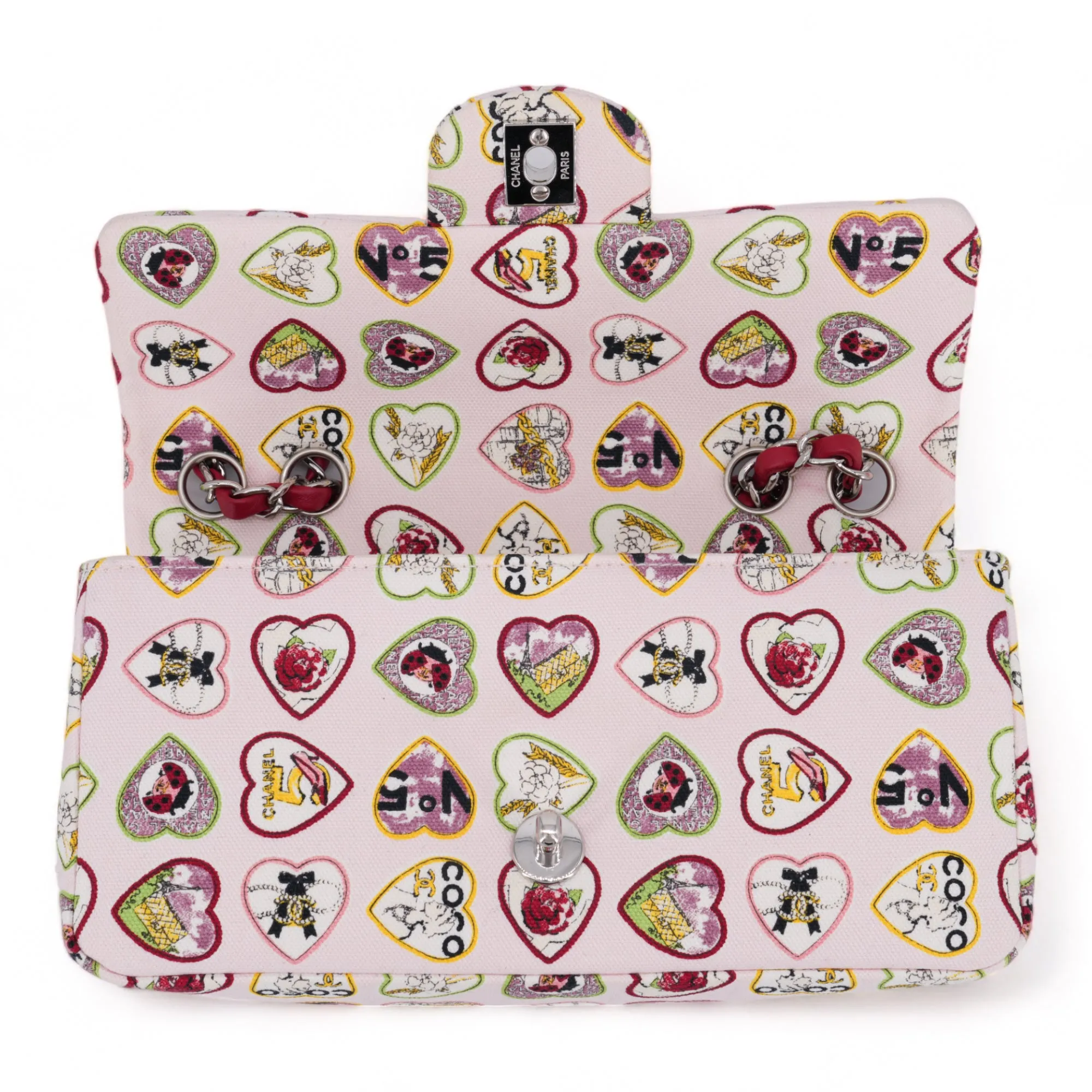 Valentine Coco Heart Motif Printed Pink Canvas East West Flap Bag