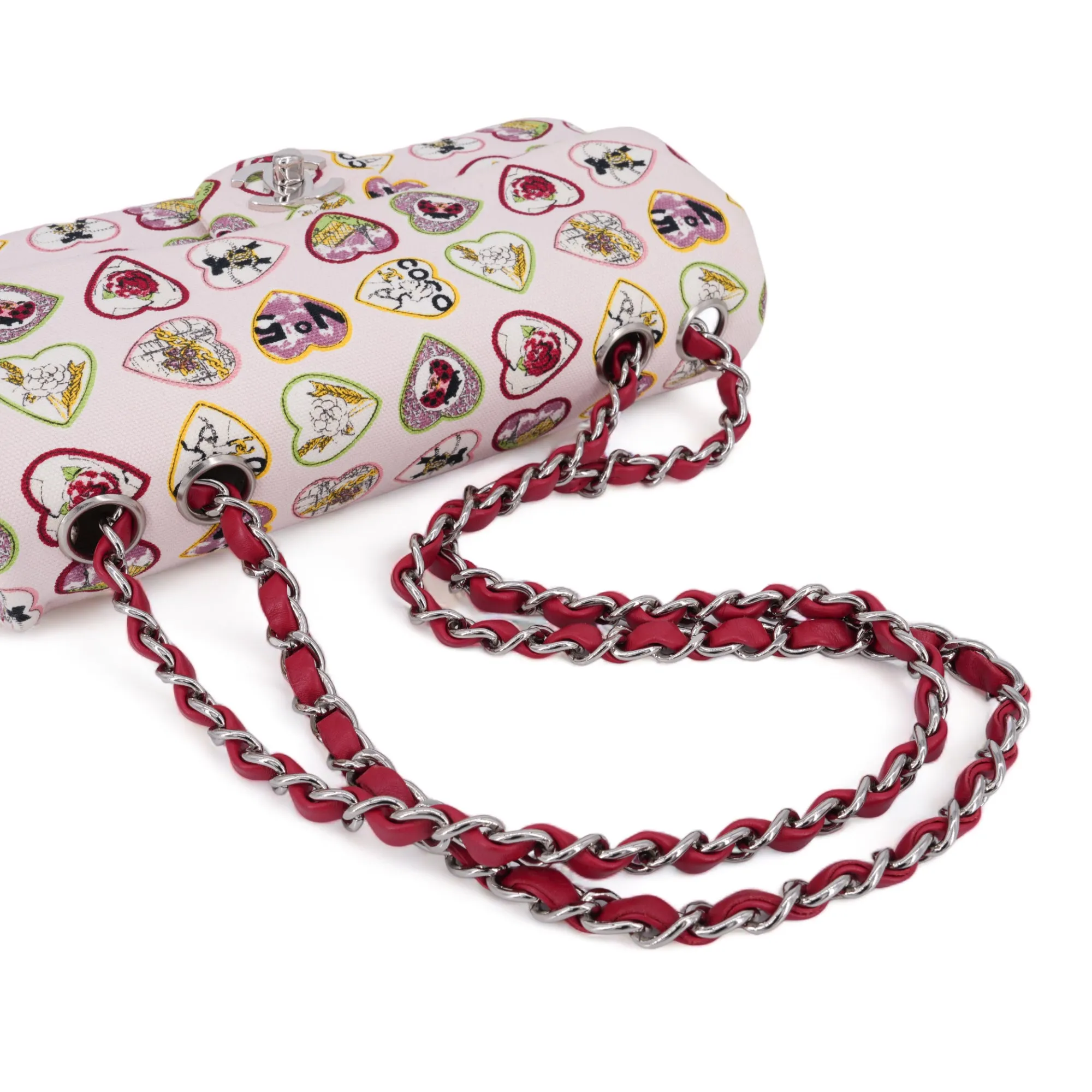 Valentine Coco Heart Motif Printed Pink Canvas East West Flap Bag