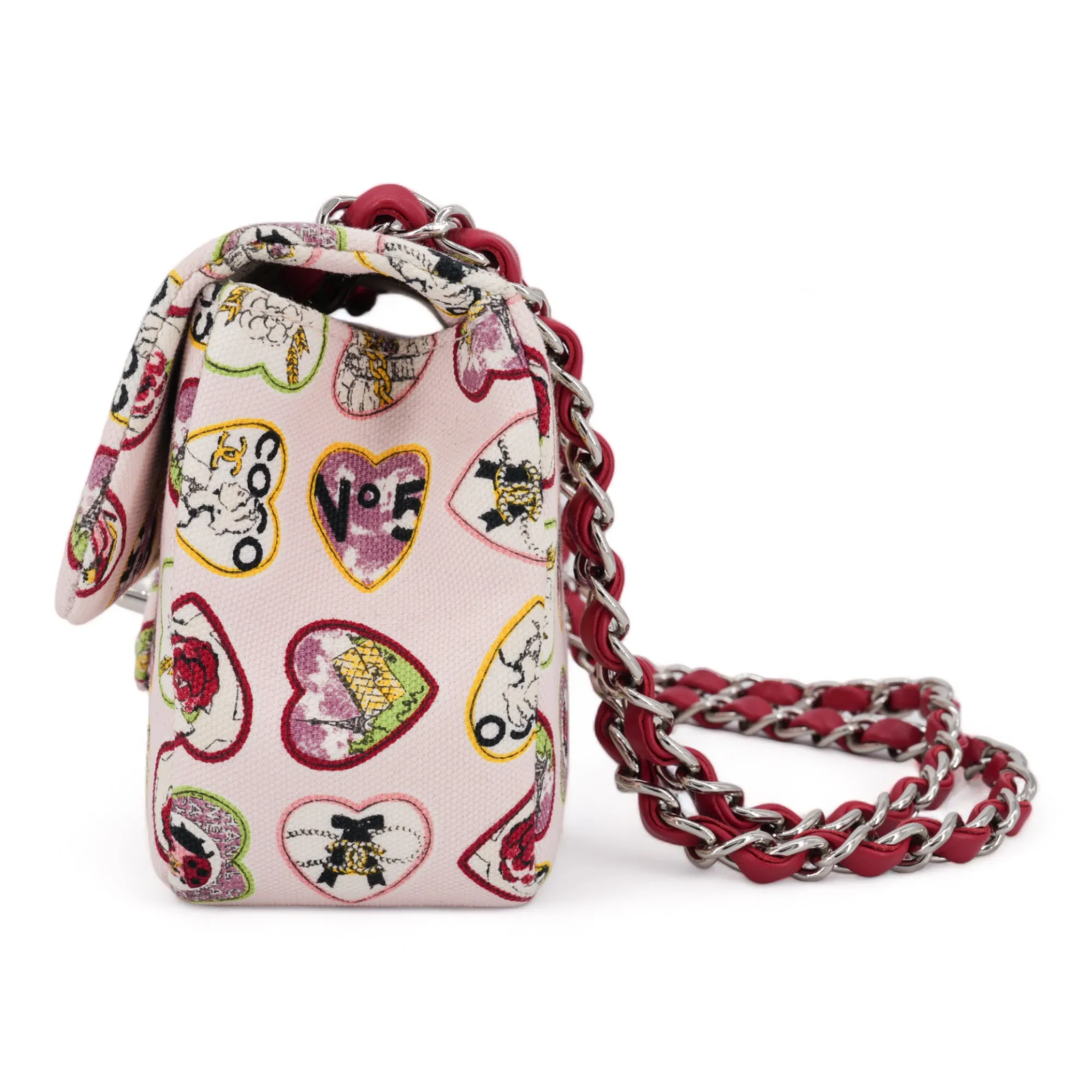 Valentine Coco Heart Motif Printed Pink Canvas East West Flap Bag
