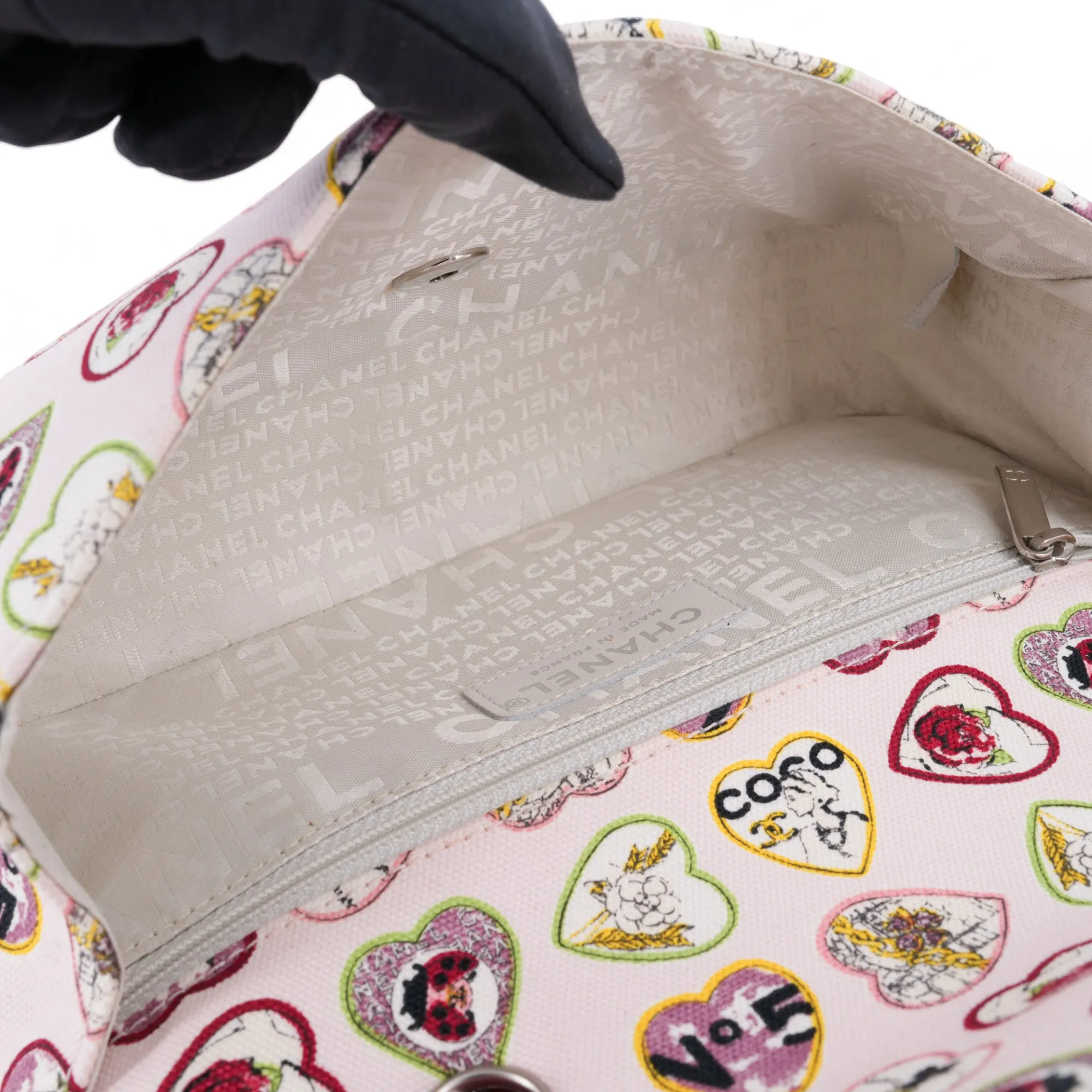 Valentine Coco Heart Motif Printed Pink Canvas East West Flap Bag