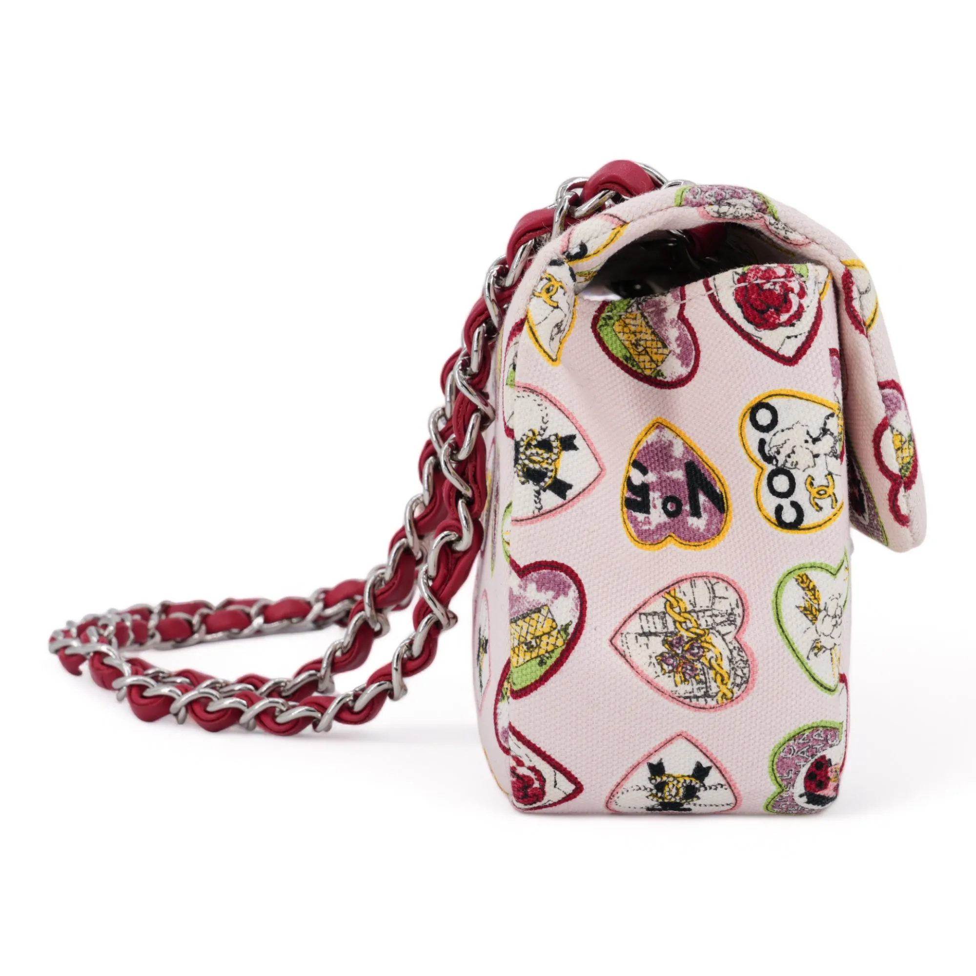Valentine Coco Heart Motif Printed Pink Canvas East West Flap Bag
