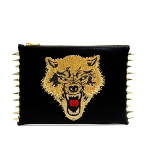 WOLF EMBROIDERED CLUTCH BAG
