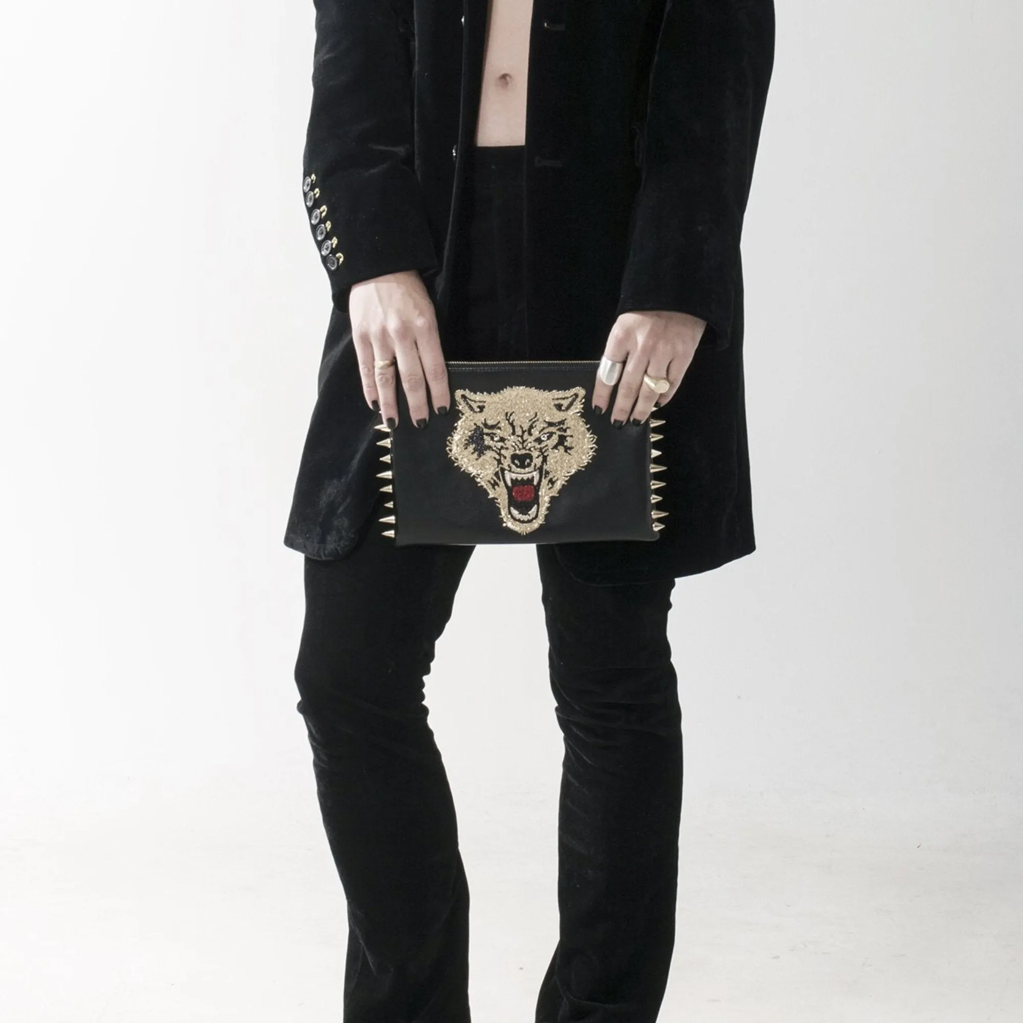 WOLF EMBROIDERED CLUTCH BAG