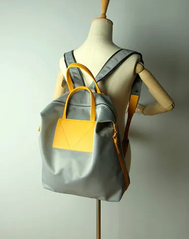 Womens Light Gray&Yellow Nylon Backpack Bag Best Satchel Backpack Nylon Leather School Rucksack for Ladies