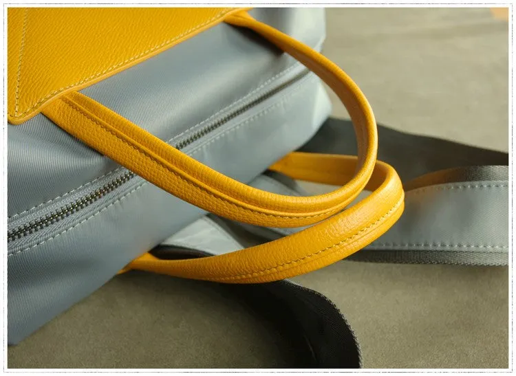 Womens Light Gray&Yellow Nylon Backpack Bag Best Satchel Backpack Nylon Leather School Rucksack for Ladies